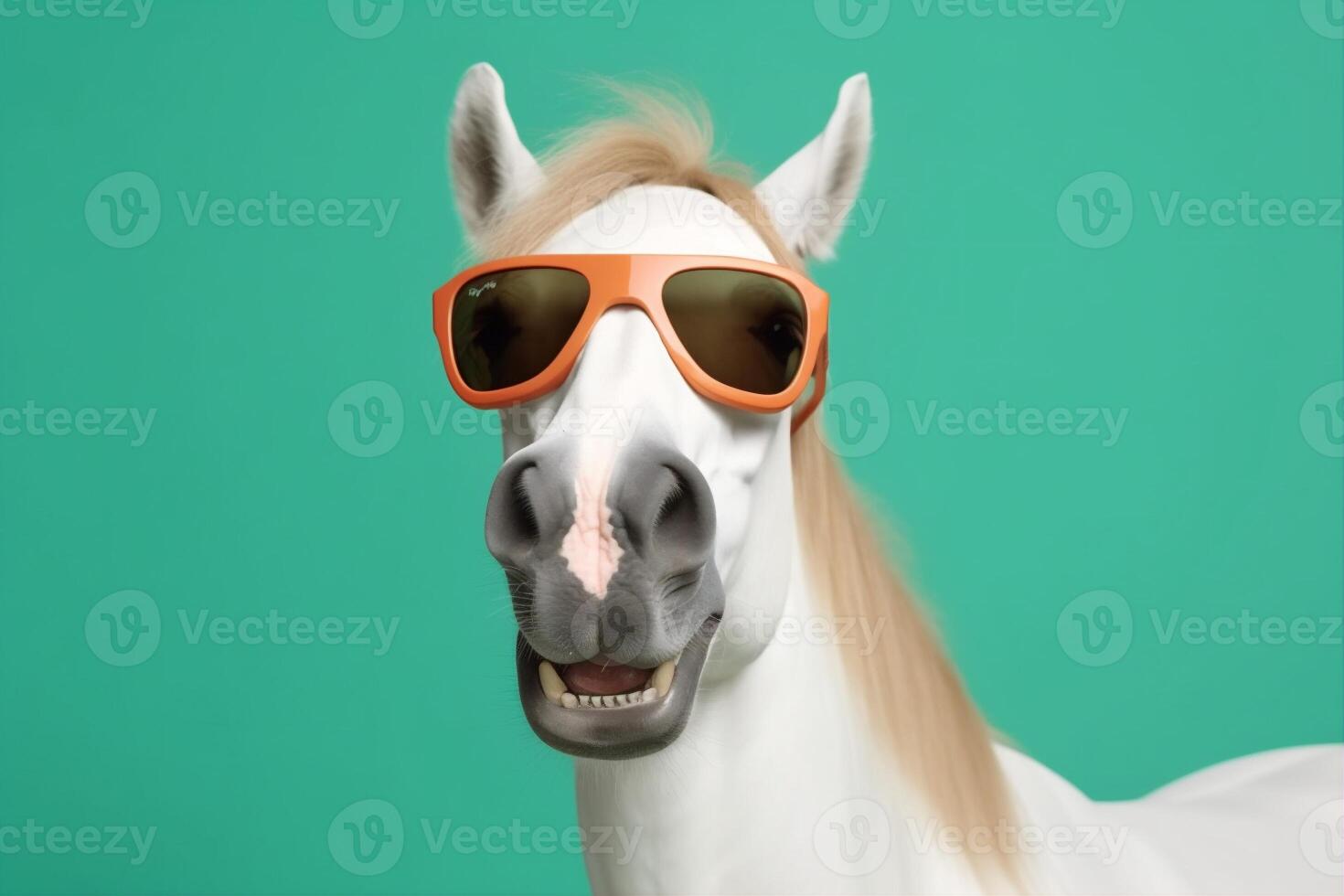 animal mamífero antecedentes Gafas de sol gafas de protección retrato divertido vistoso gracioso sonrisa caballo. generativo ai. foto