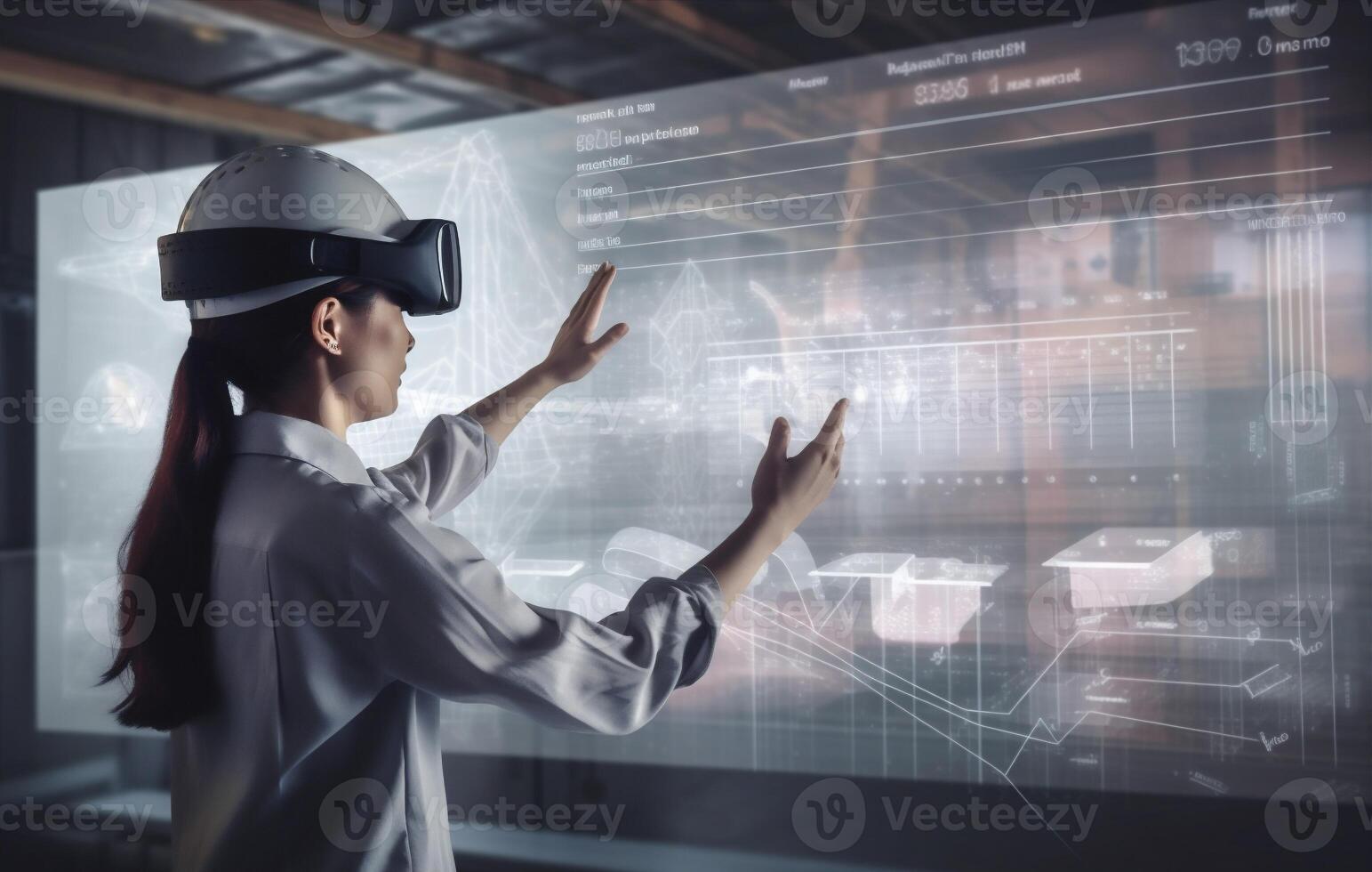 woman business glasses virtual digital technology innovation futuristic 3d tech graphic. . photo