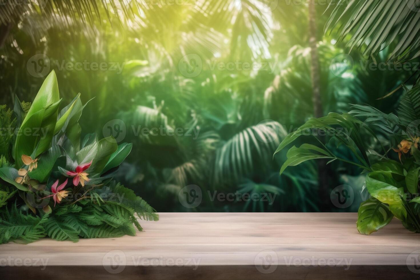 design wooden leaf space podium palm platform mock up green color. . photo