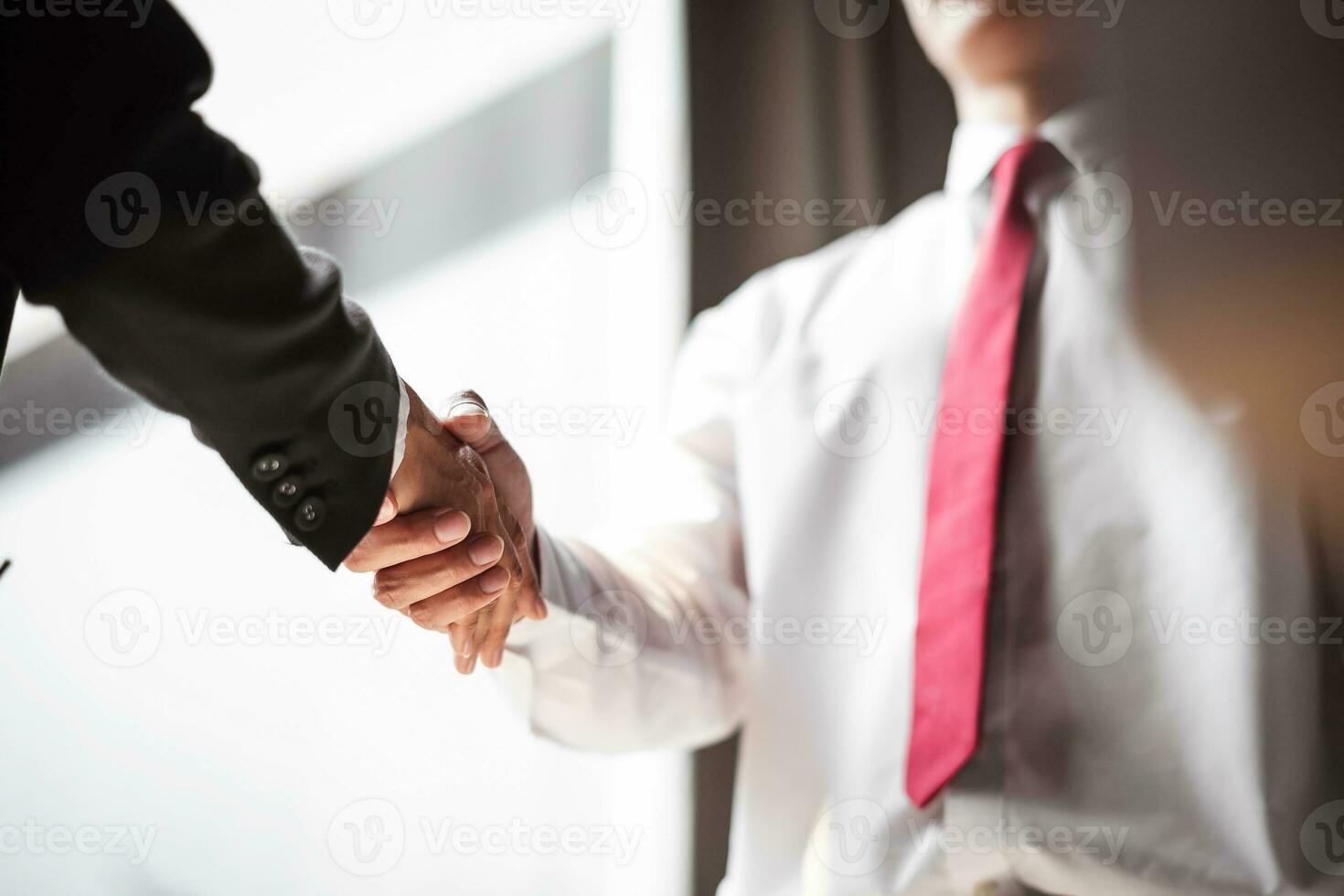 Close up of two business people shaking hands while sitting at the working place photo