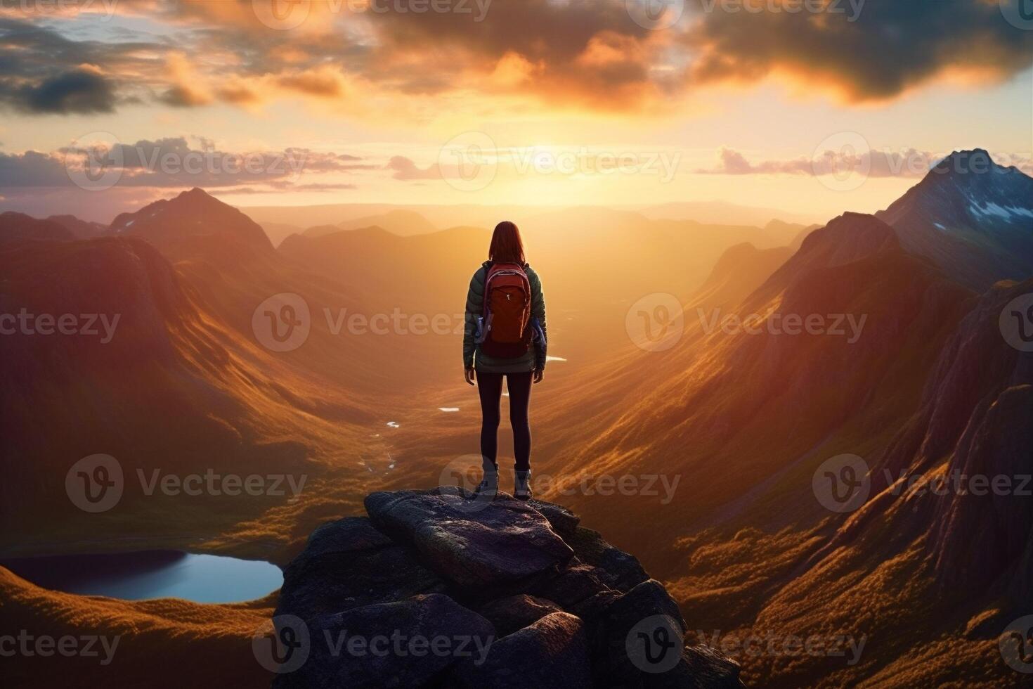 nature woman man travel backpack sunset cliff landscape adventure hiker mountain back. . photo