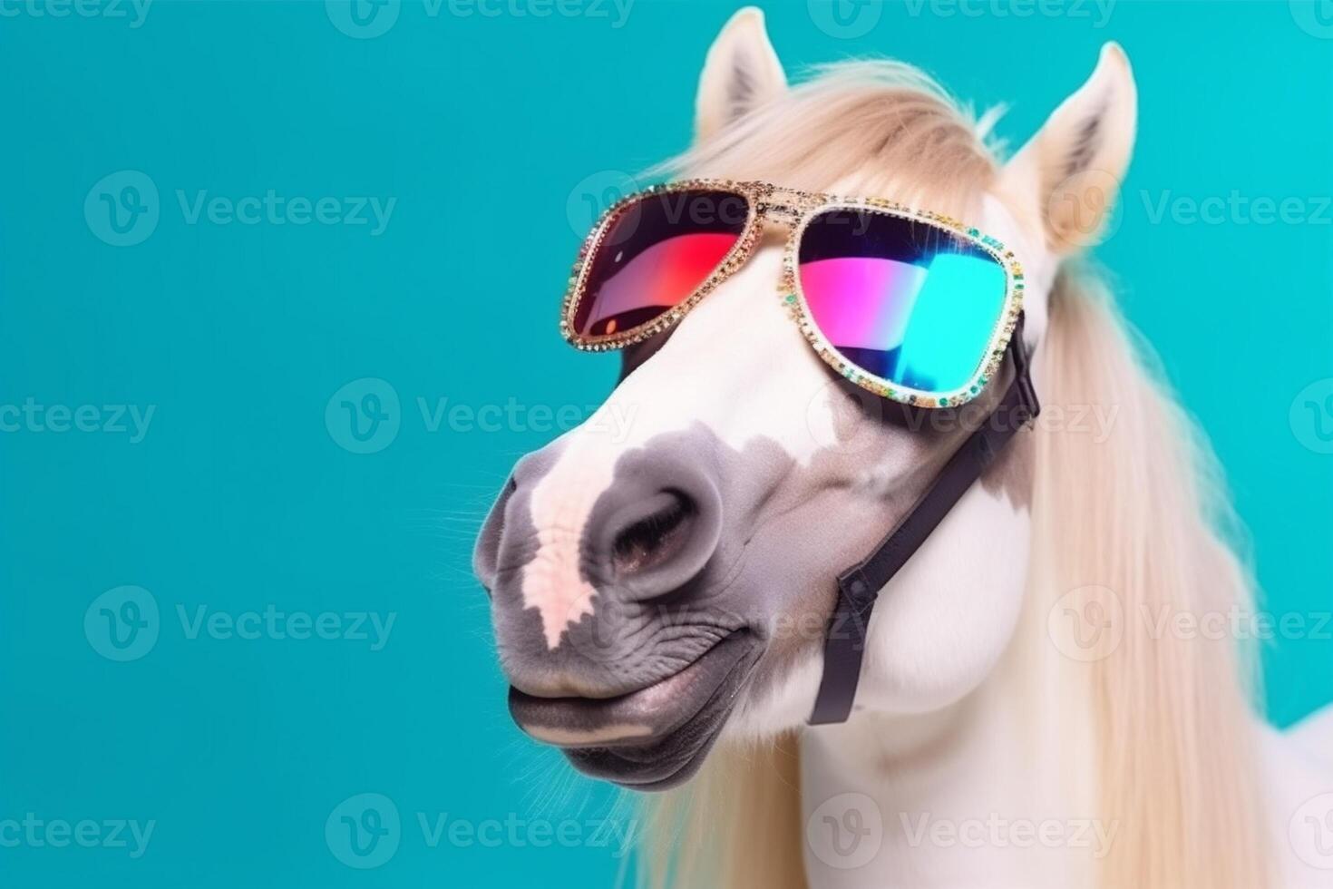 funny goggles animal portrait colourful smile wild fun background horse sunglasses. . photo