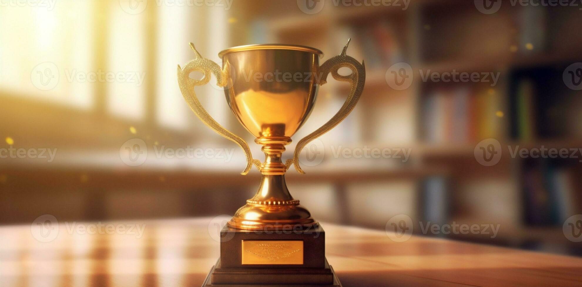 celebration cup prize competition champion gold bokeh library trophy award. Generative AI. photo