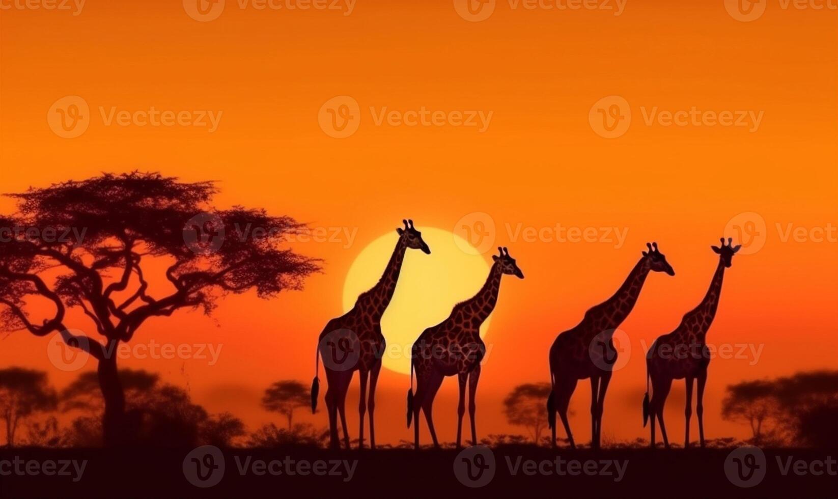 wild nature africa elephant safari silhouette animal wildlife giraffe sunset. Generative AI. photo