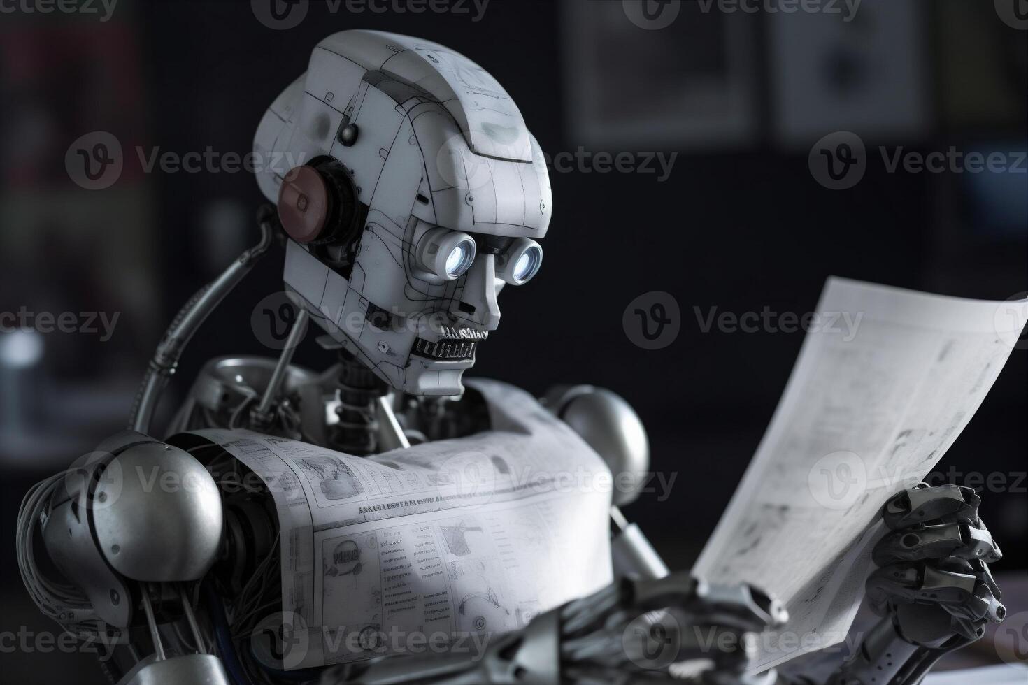 robot laptop ai office document technology digital artificial hand paper. . photo