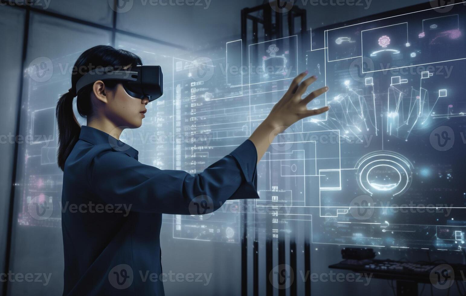 innovation woman digital virtual technology ar graphic glasses 3d futuristic business. . photo