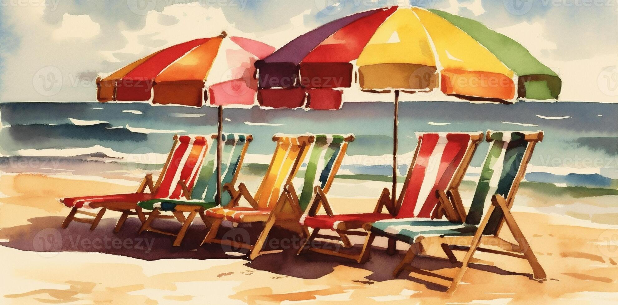 beach vacation rest background resort chair sunny umbrella relax summer watercolor. . photo