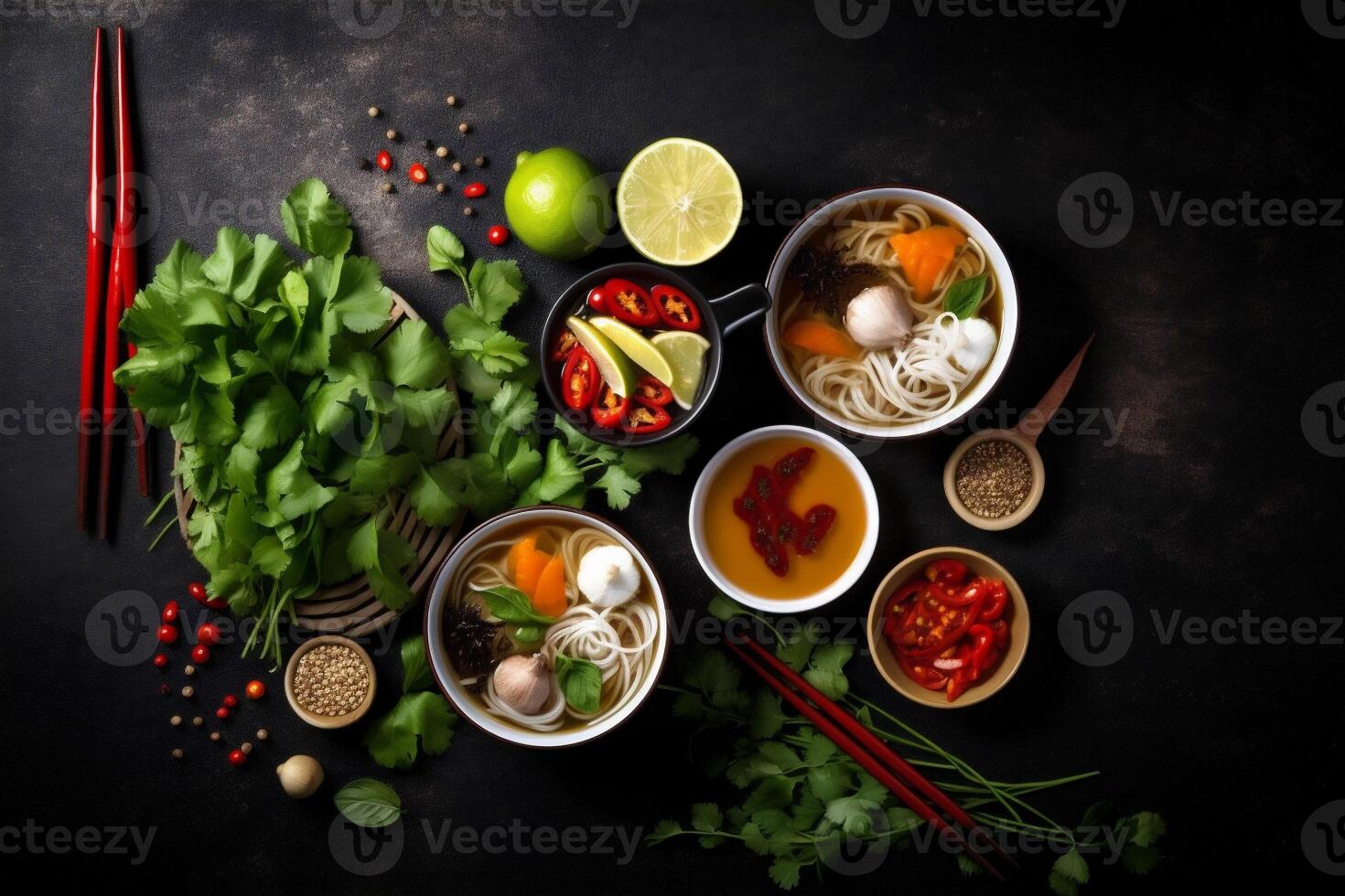 soup vegetable noodle bowl meal background white japanese asian food hot. Generative AI. photo