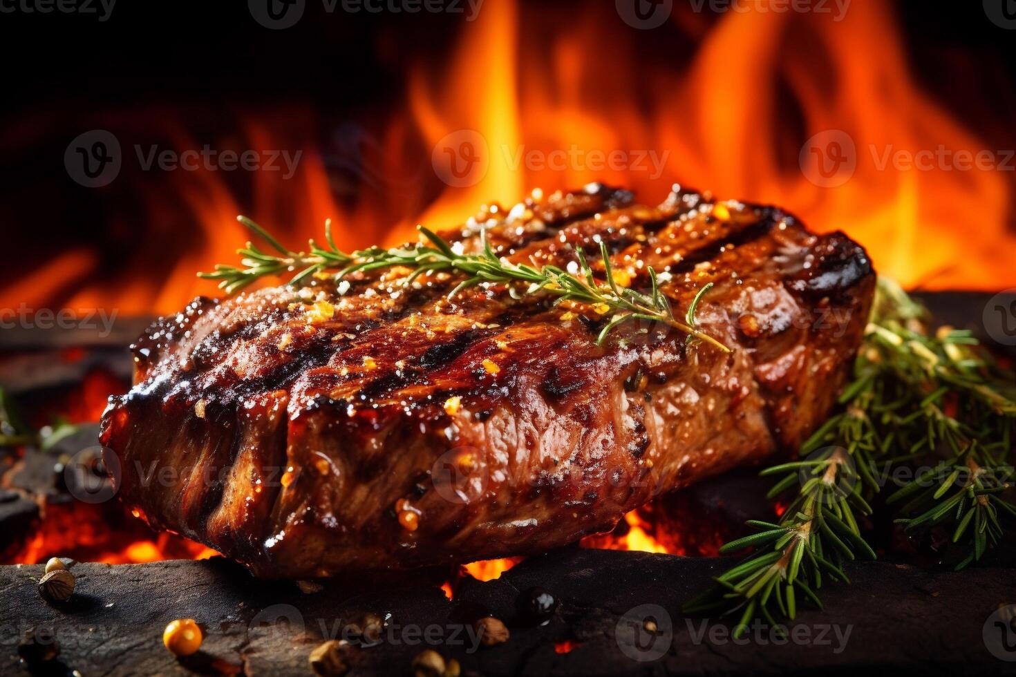 dark beef meat steak grill raw fried bbq red background food. . photo
