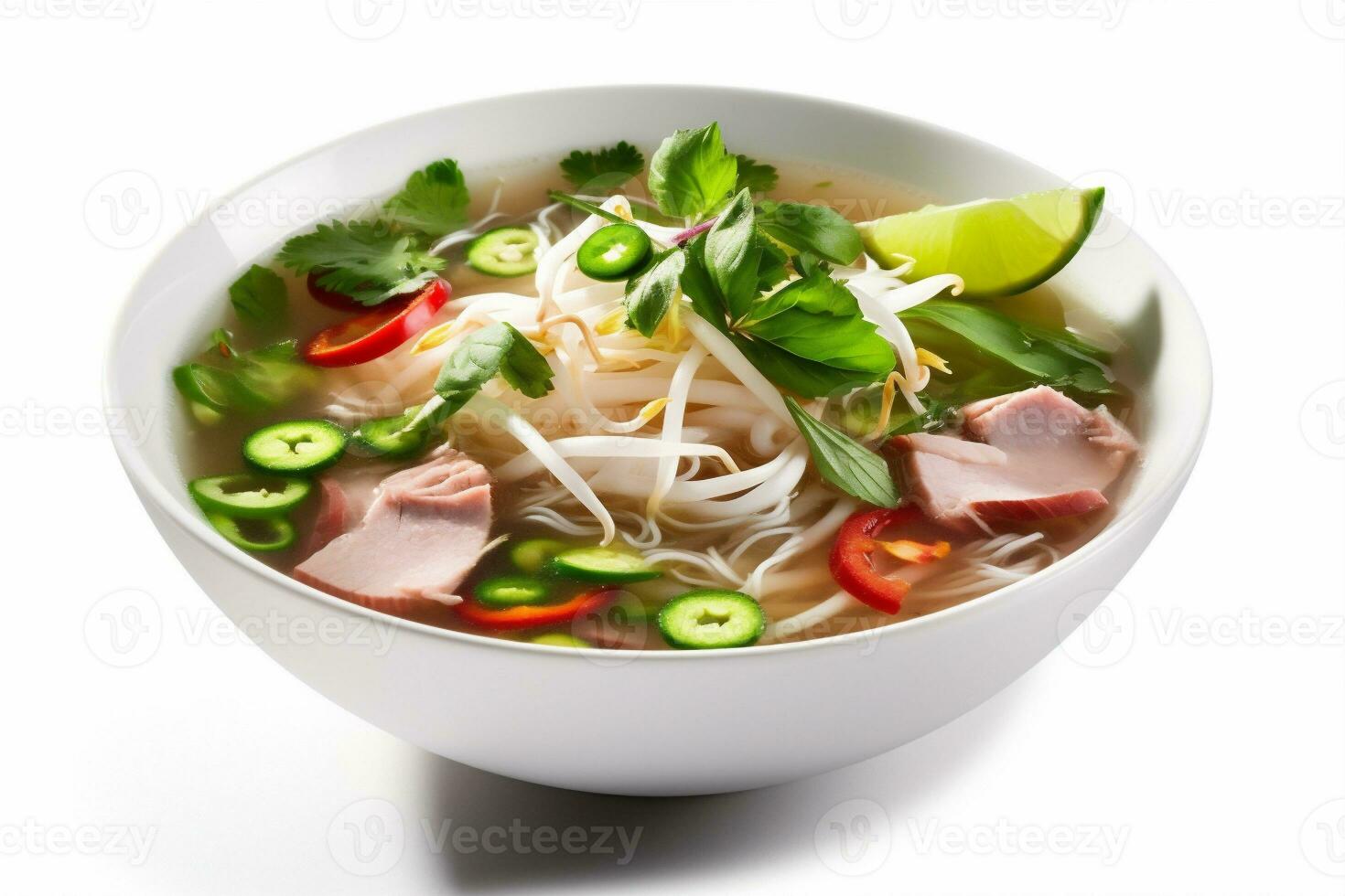 dish white background asian herb traditional soup food noodle broth bowl. Generative AI. photo