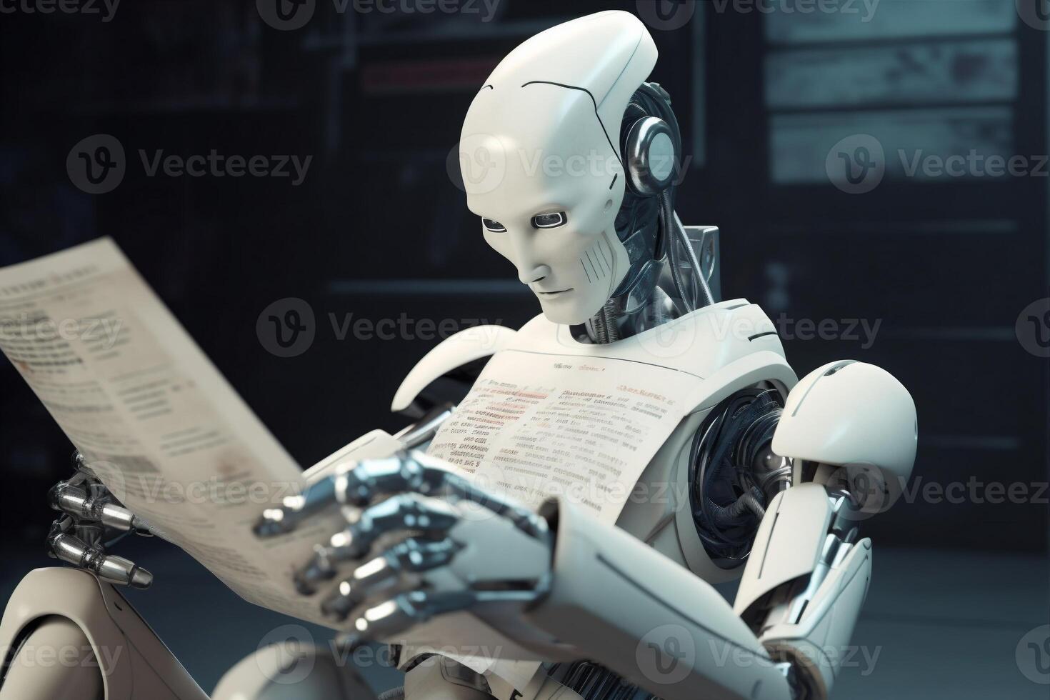 laptop document technology artificial robot ai office hand digital paper. . photo