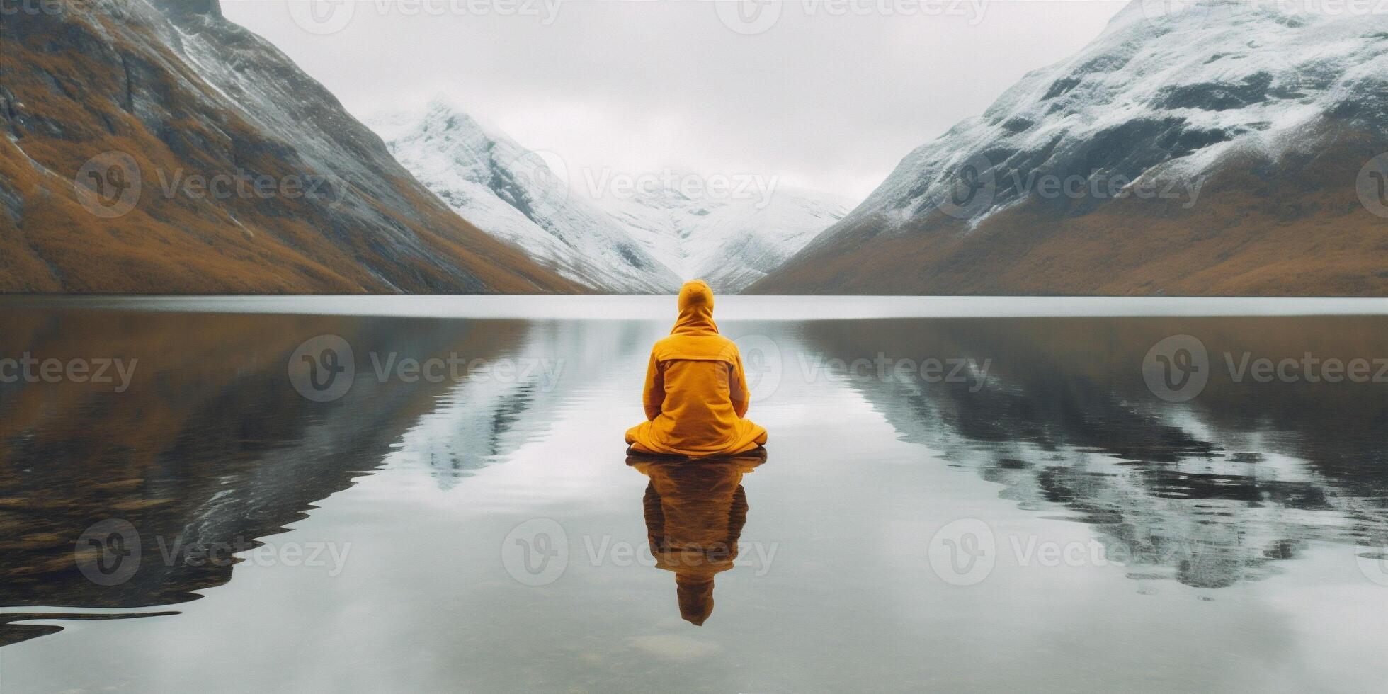 cape man water travel nature lake concept back mountain hiking yellow. . photo