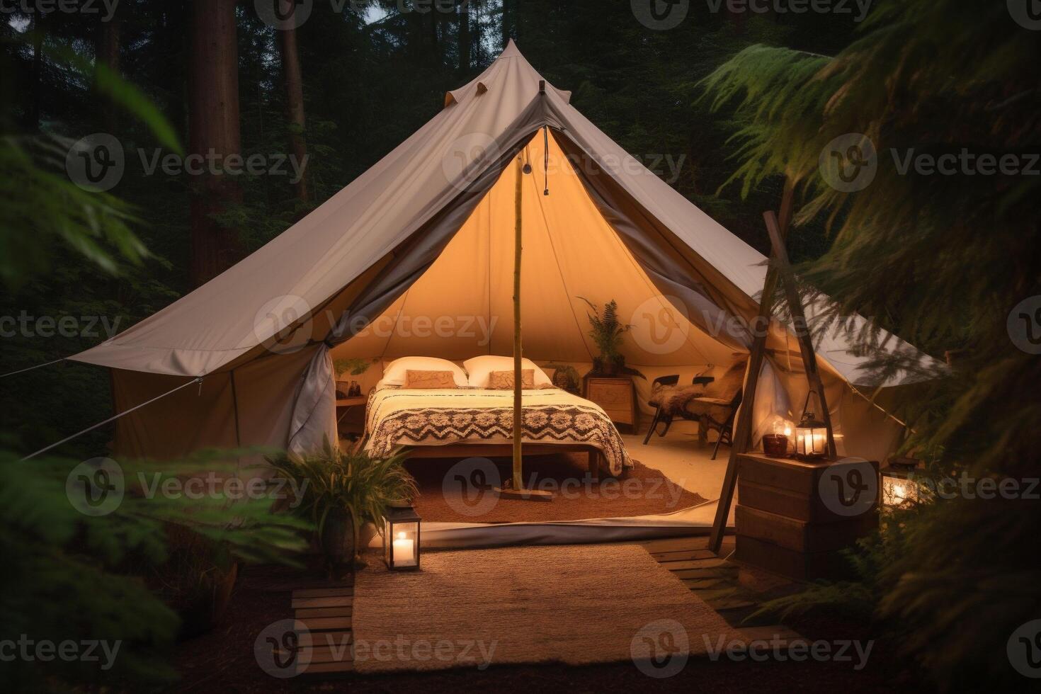 glamping light travel camping tent canvas vacation forest luxury nature. . photo
