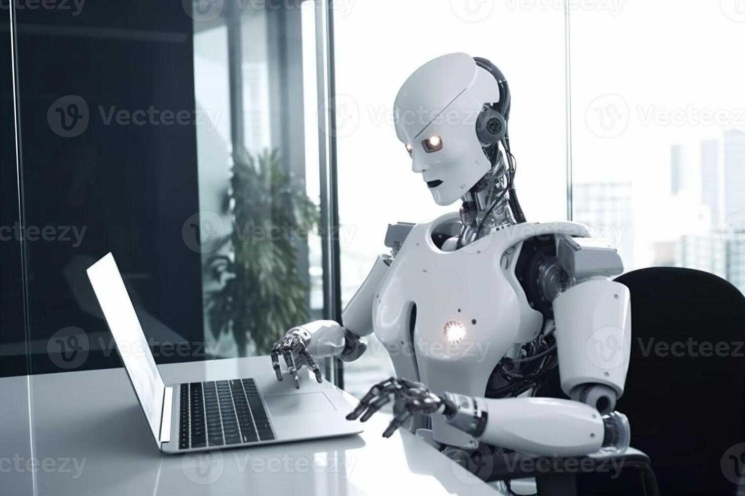 artificial digital office document laptop ai technology paper hand robot. . photo