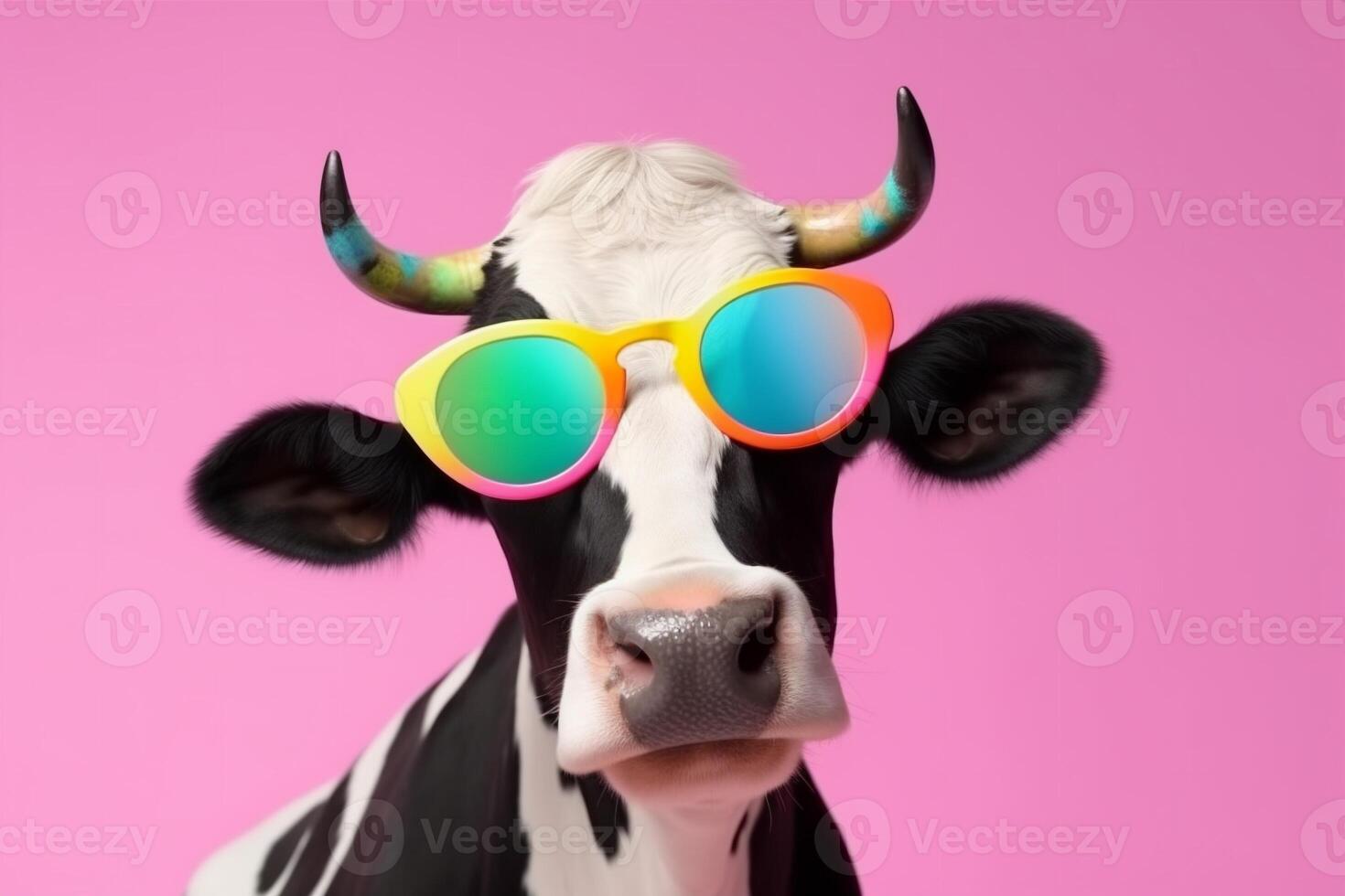 animal sunglasses colourful cute funny portrait cow character face head. Generative AI. photo