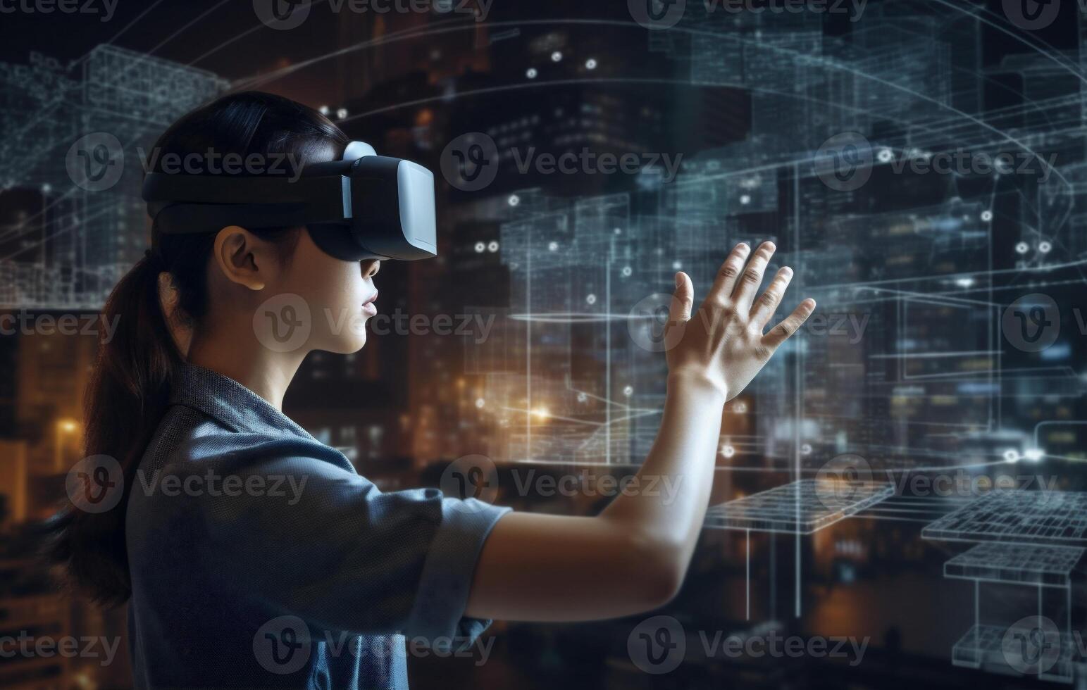 woman futuristic virtual graphic digital business 3d internet glasses technology innovation. . photo