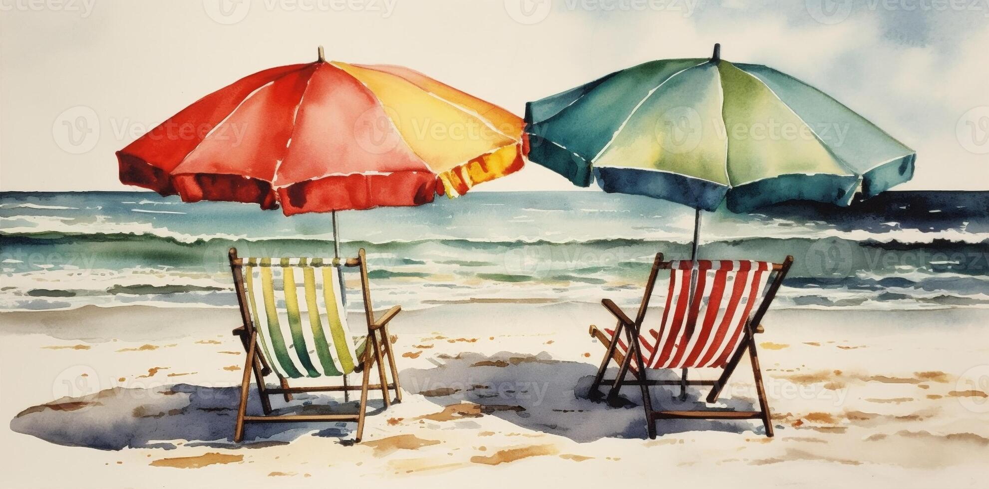 watercolor summer umbrella relax rest chair background resort sunny beach vacation. . photo