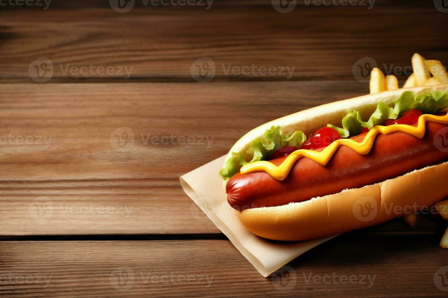 dog fast fat food sausage hot meat background sauce bread american. Generative AI. photo
