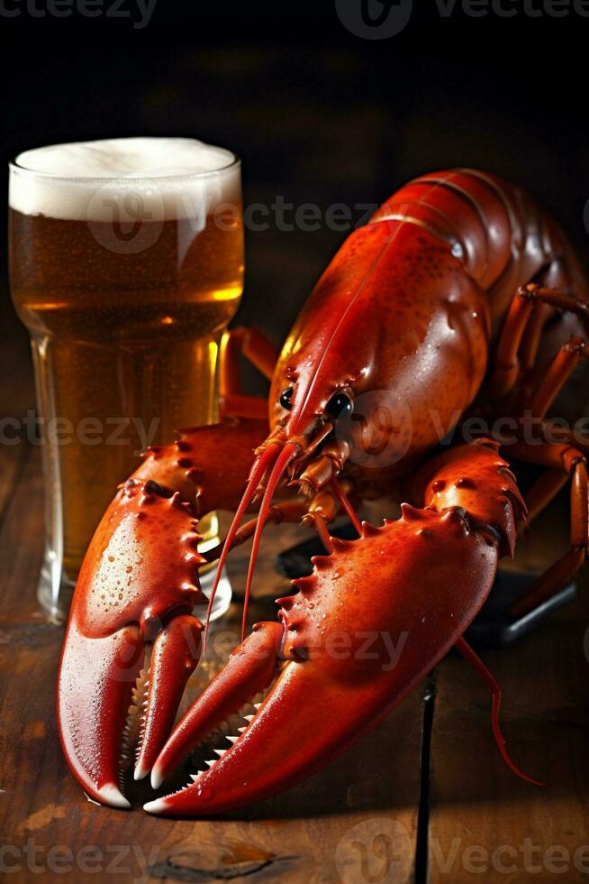 glass food rustic beer snack crawfish crab red crayfish background seafood. Generative AI. photo