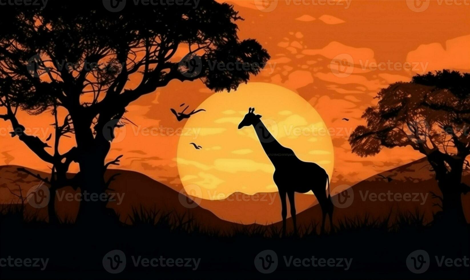 animal africa wildlife silhouette elephant safari giraffe sunset nature wild. Generative AI. photo