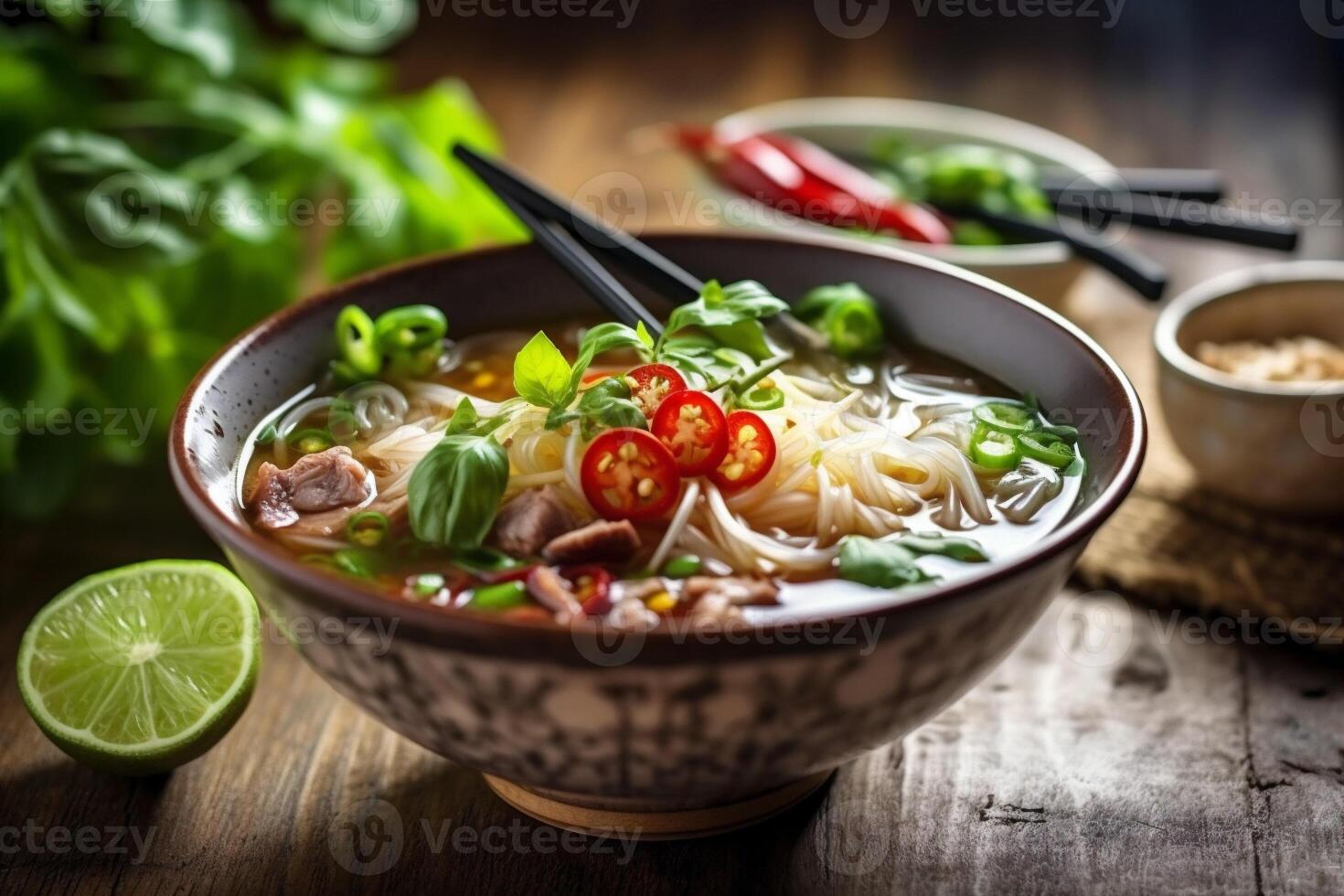 asian meal hot bowl food japanese dish noodle soup background vegetable. Generative AI. photo