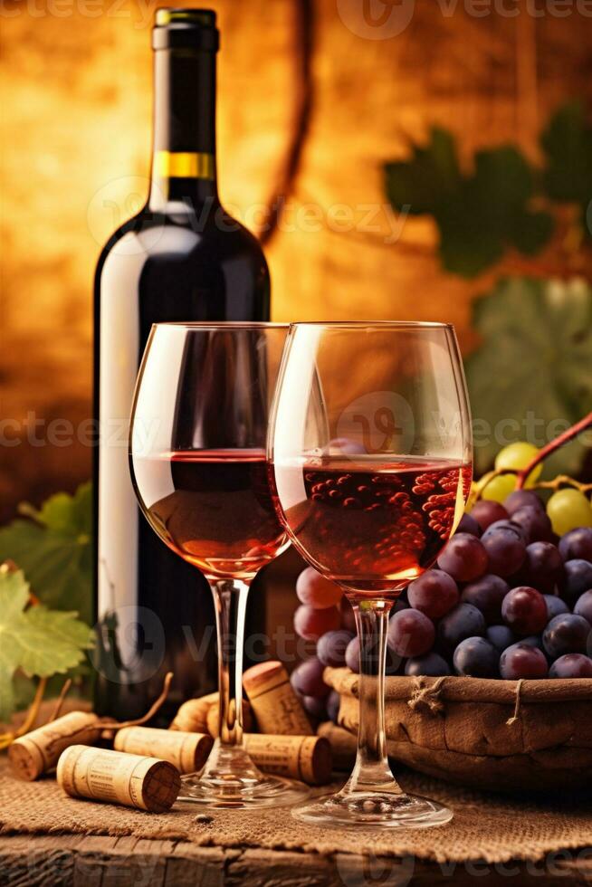 grape bottle beverage food sunset drink glass wine background winery alcohol. Generative AI. photo