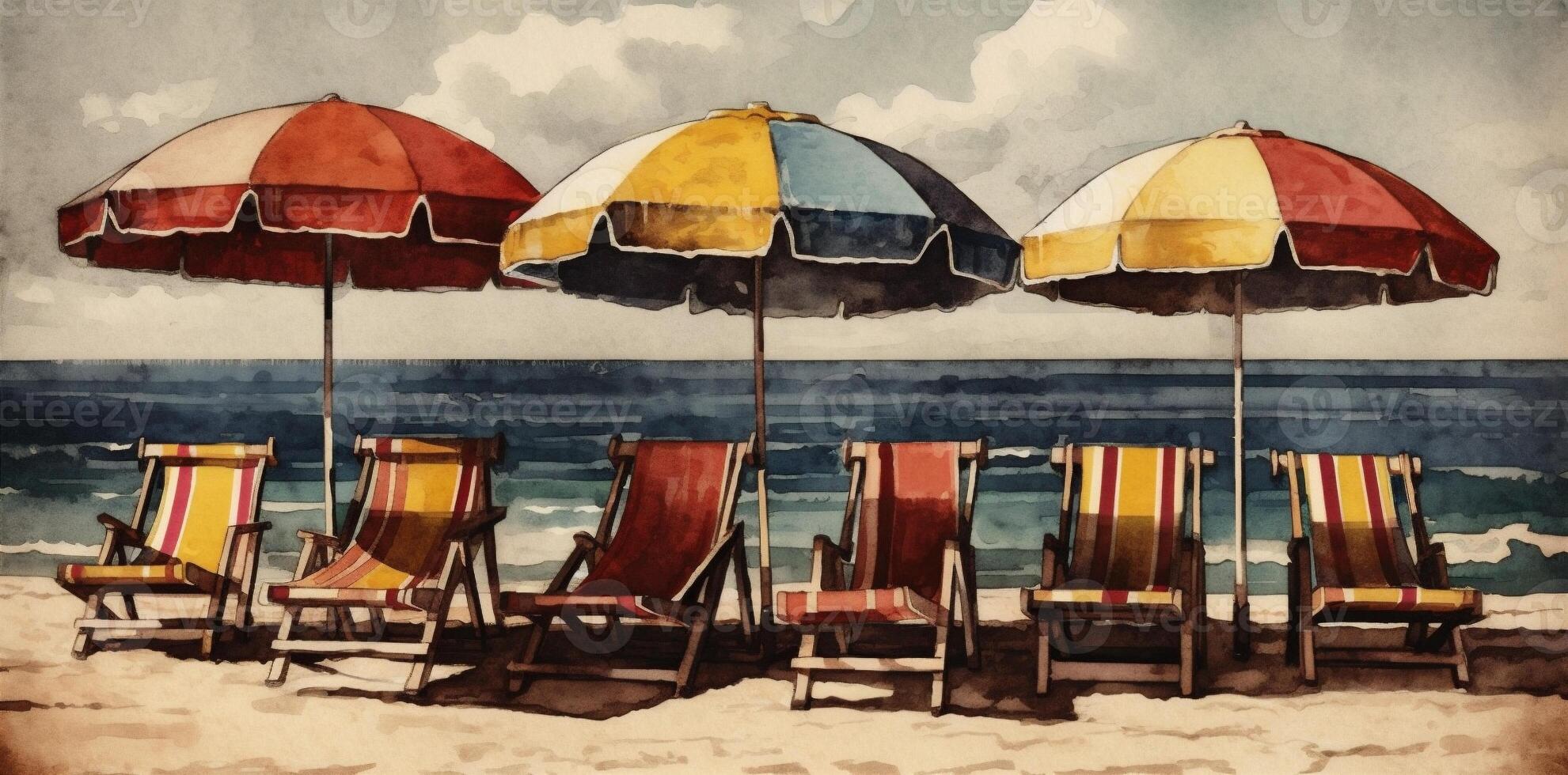 beach background vacation relax summer watercolor rest resort umbrella sand chair. . photo