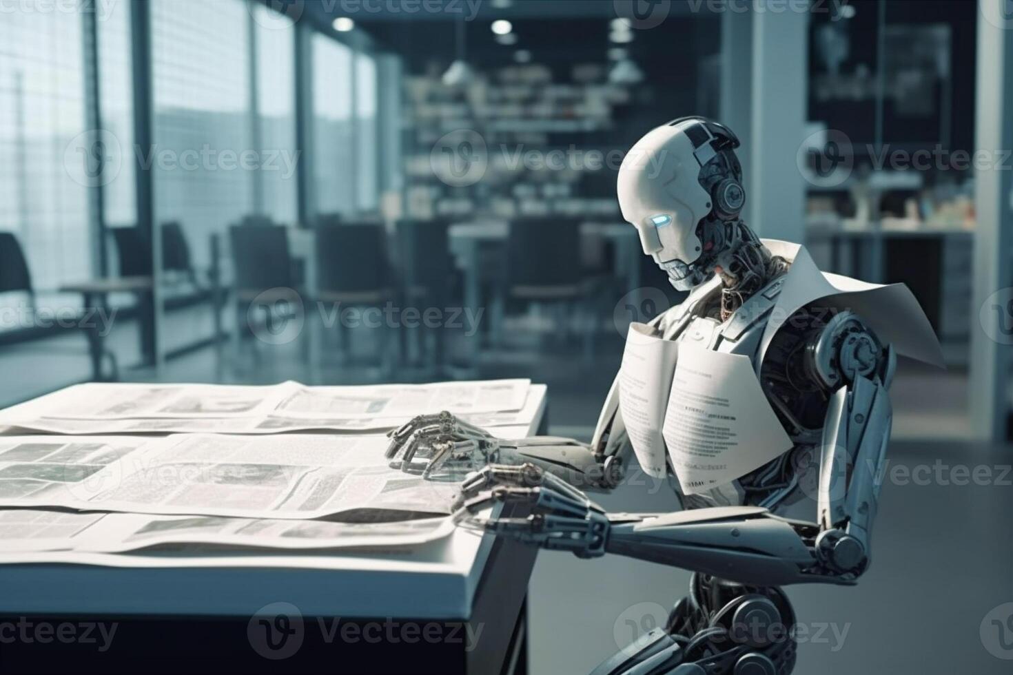 digital ai artificial robot paper hand laptop office document technology. . photo