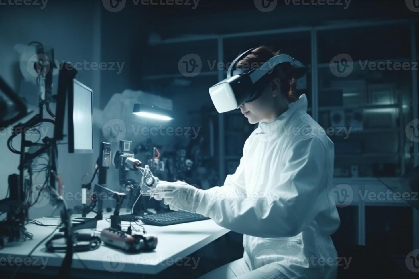 man engineer 3d three-dimensional research virtual future robotic robot technology glasses innovation. . photo