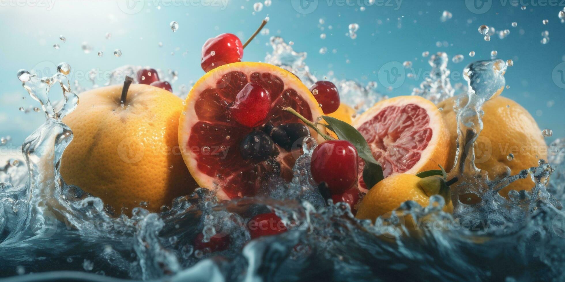 healthy food fresh green fruit background drop vitamin strawberry red water. Generative AI. photo