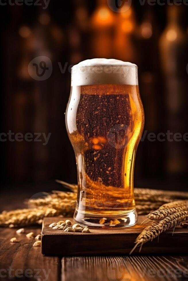 glass pint beverage alcohol lager foam gold beer drink pub. Generative AI. photo