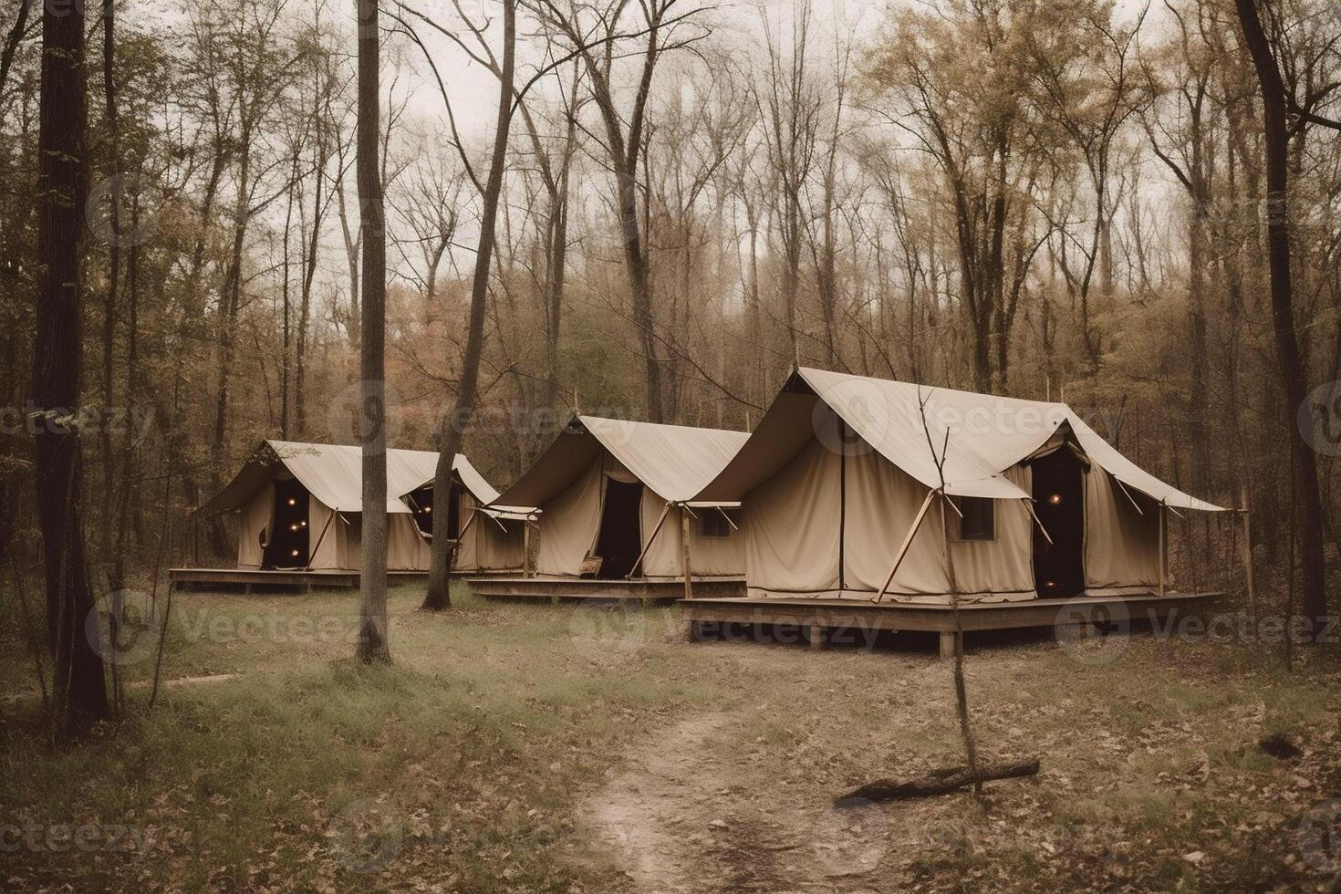 glamping vacation travel luxury forest canvas tent nature camping light. . photo