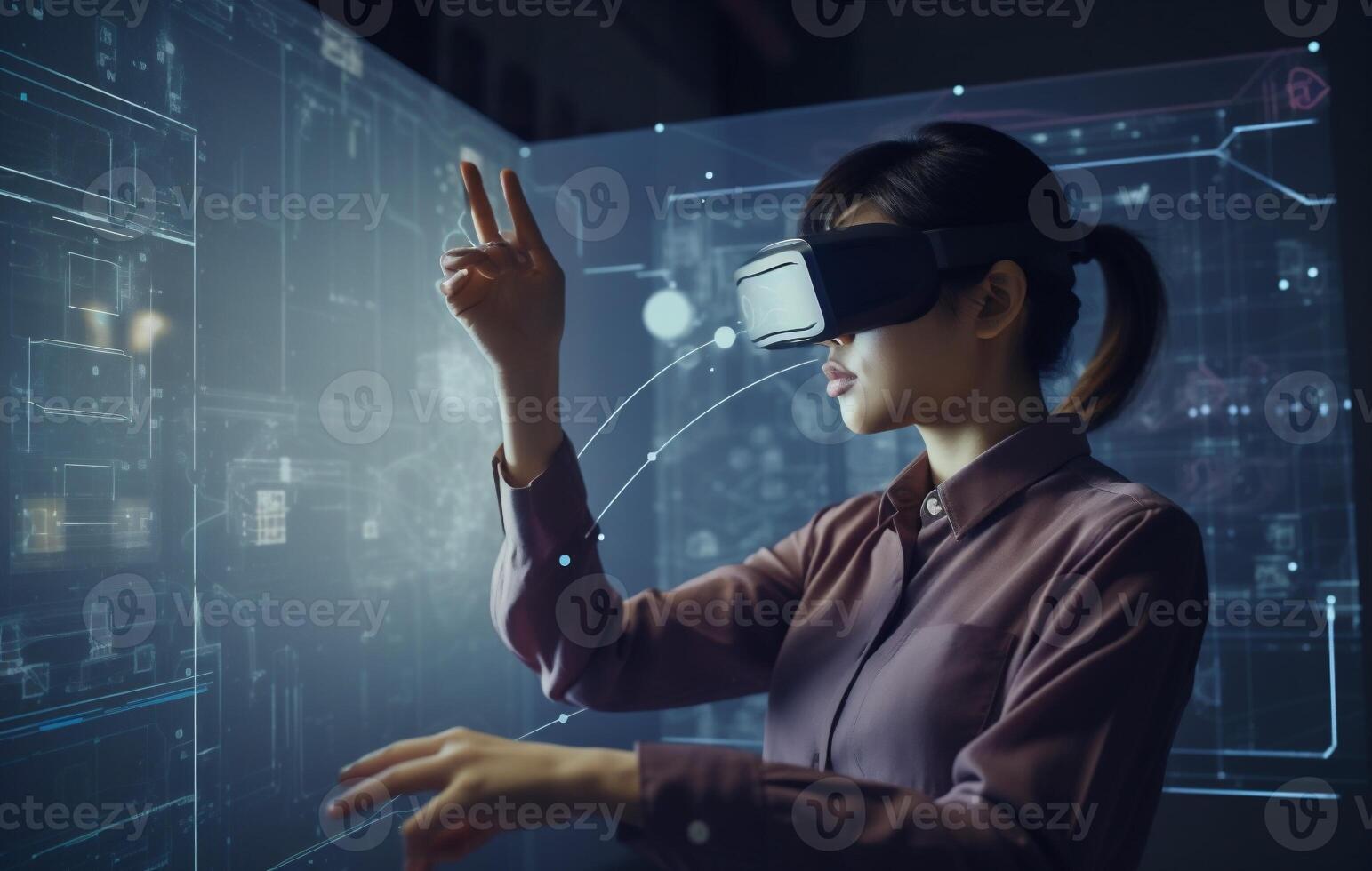 woman digital futuristic graphic glasses virtual business 3d technology innovation work. . photo