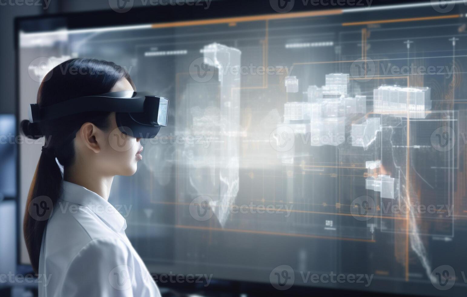virtual woman graphic cyberspace business futuristic digital technology 3d innovation glasses. . photo