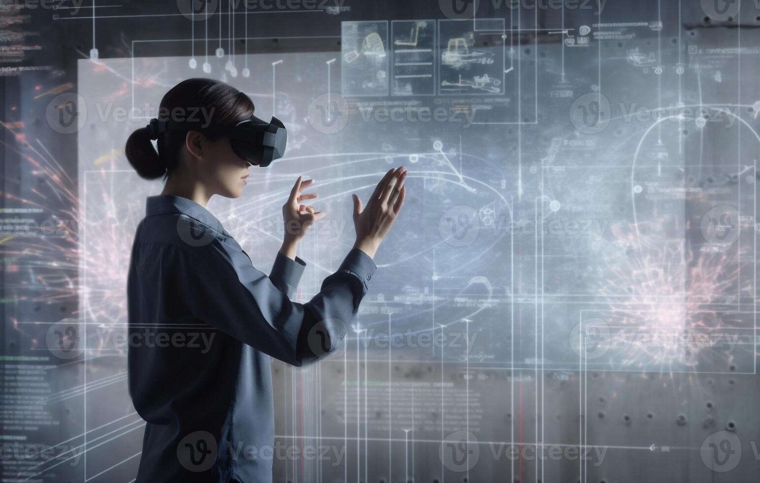 woman glasses technology digital virtual ar 3d futuristic innovation business graphic. . photo