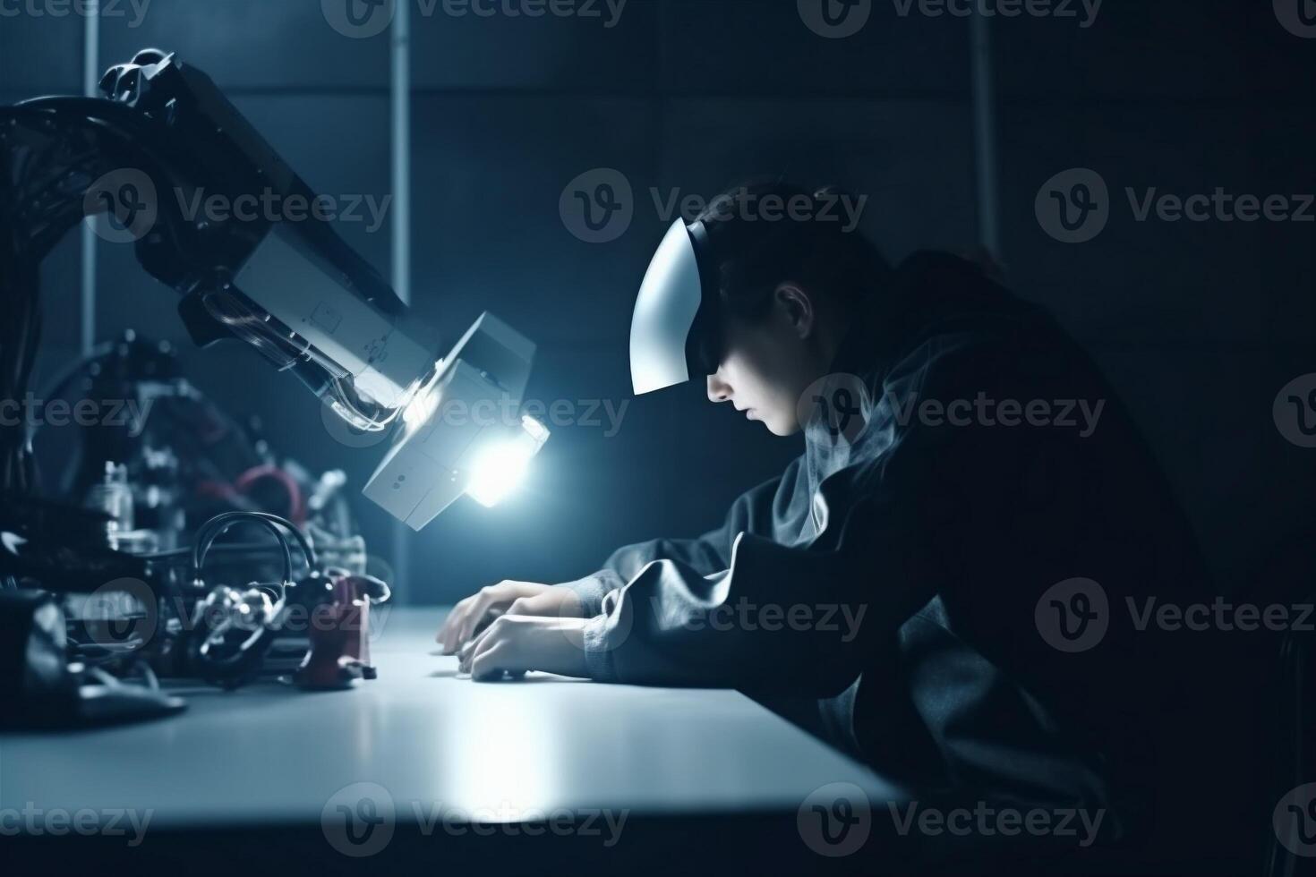 3d man reality robotic virtual future glasses technology innovation robot three-dimensional engineer. . photo