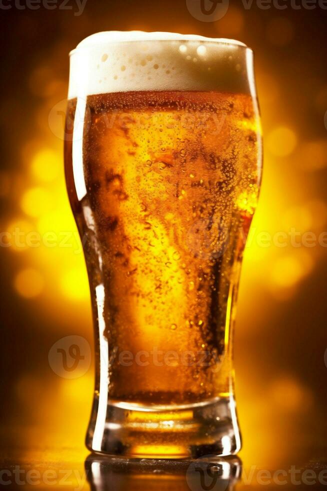 gold lager glass pub pint foam drink alcohol beverage beer. Generative AI. photo