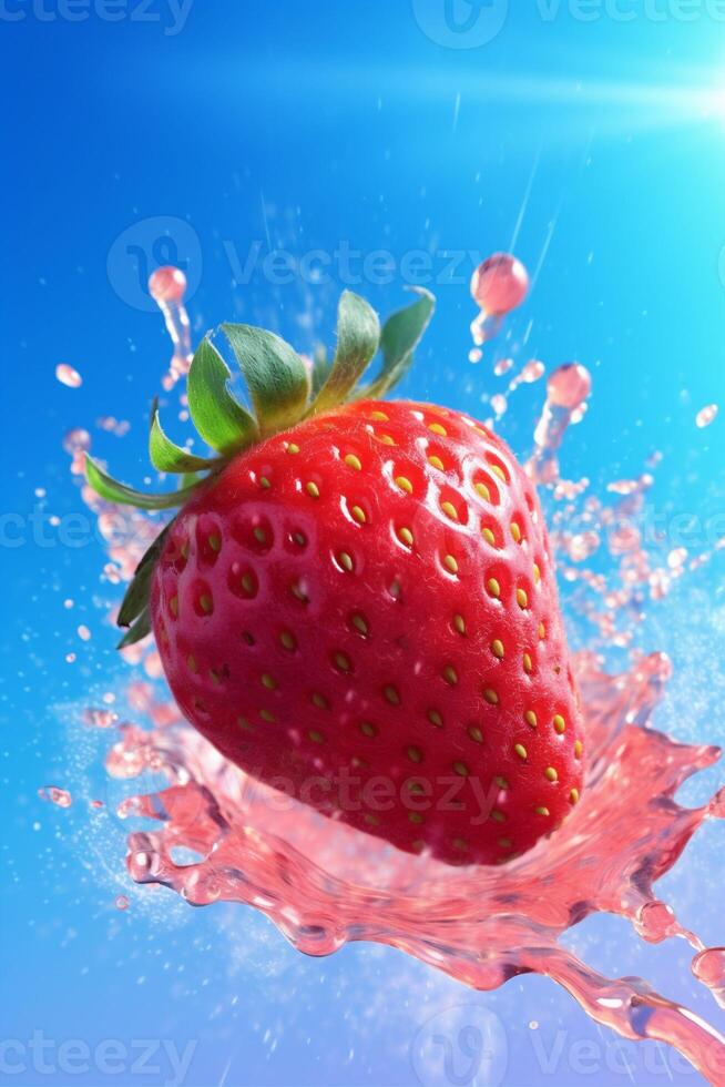 healthy blue fresh splash strawberry fruit red background food freshness water. Generative AI. photo