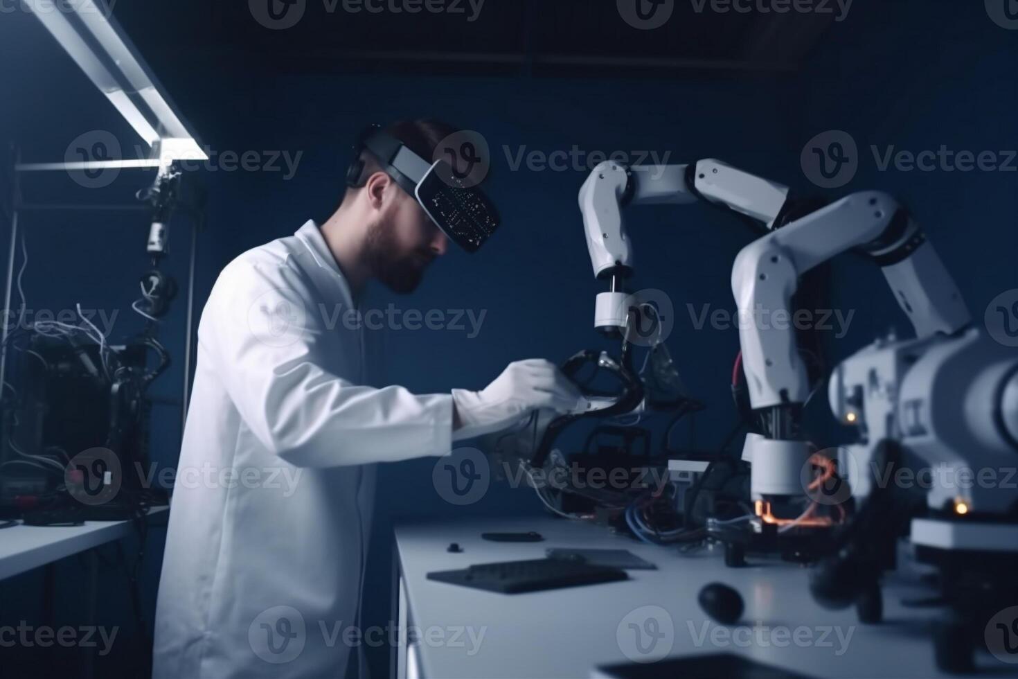 man 3d future technology engineer virtual robot three-dimensional innovation robotic glasses entertainment. . photo