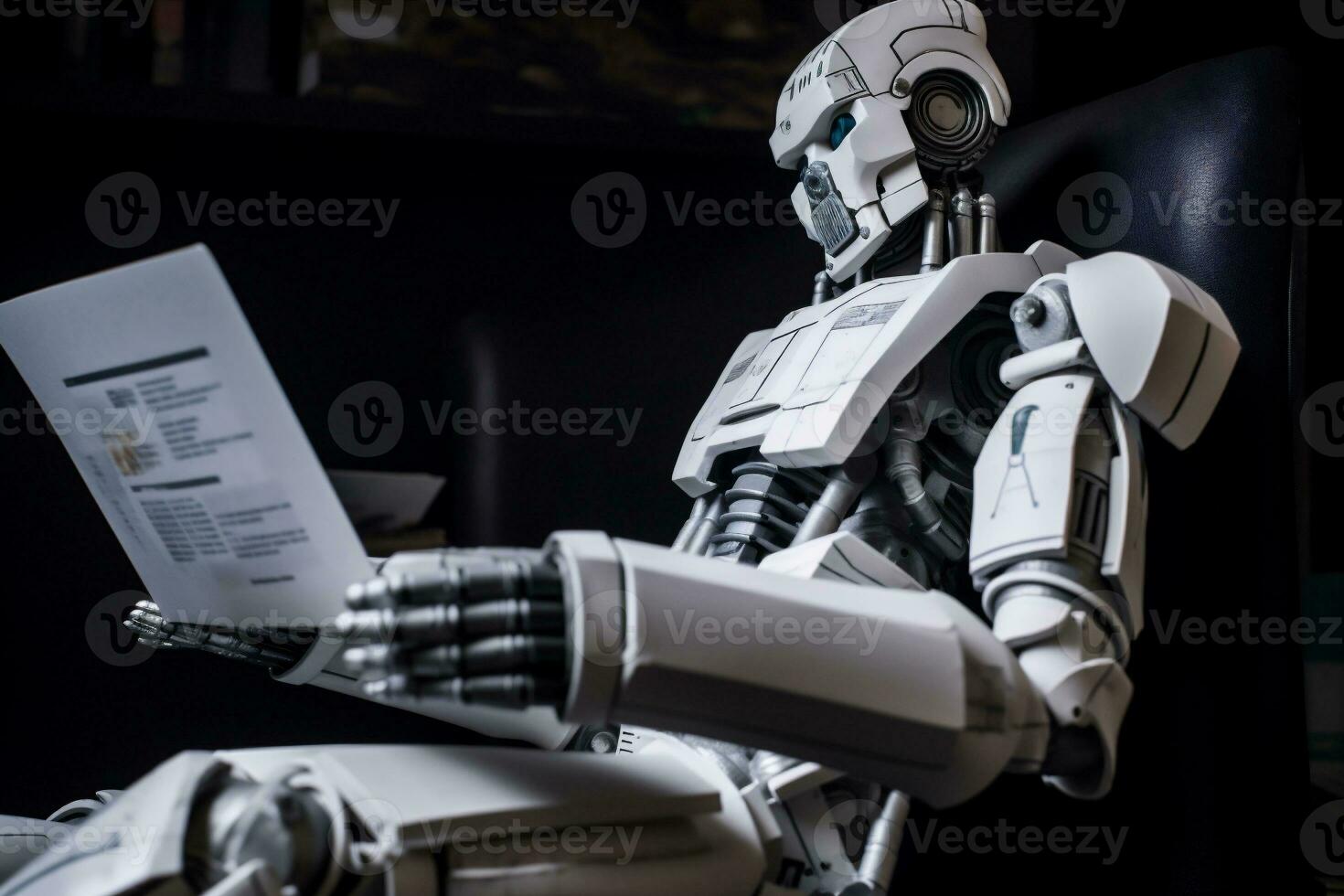 artificial paper ai hand laptop office technology robot document digital. Generative AI. photo