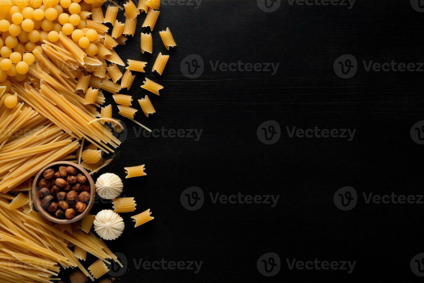 food healthy background ingredient uncooked raw italian spaghetti meal pasta macaroni. Generative AI. photo
