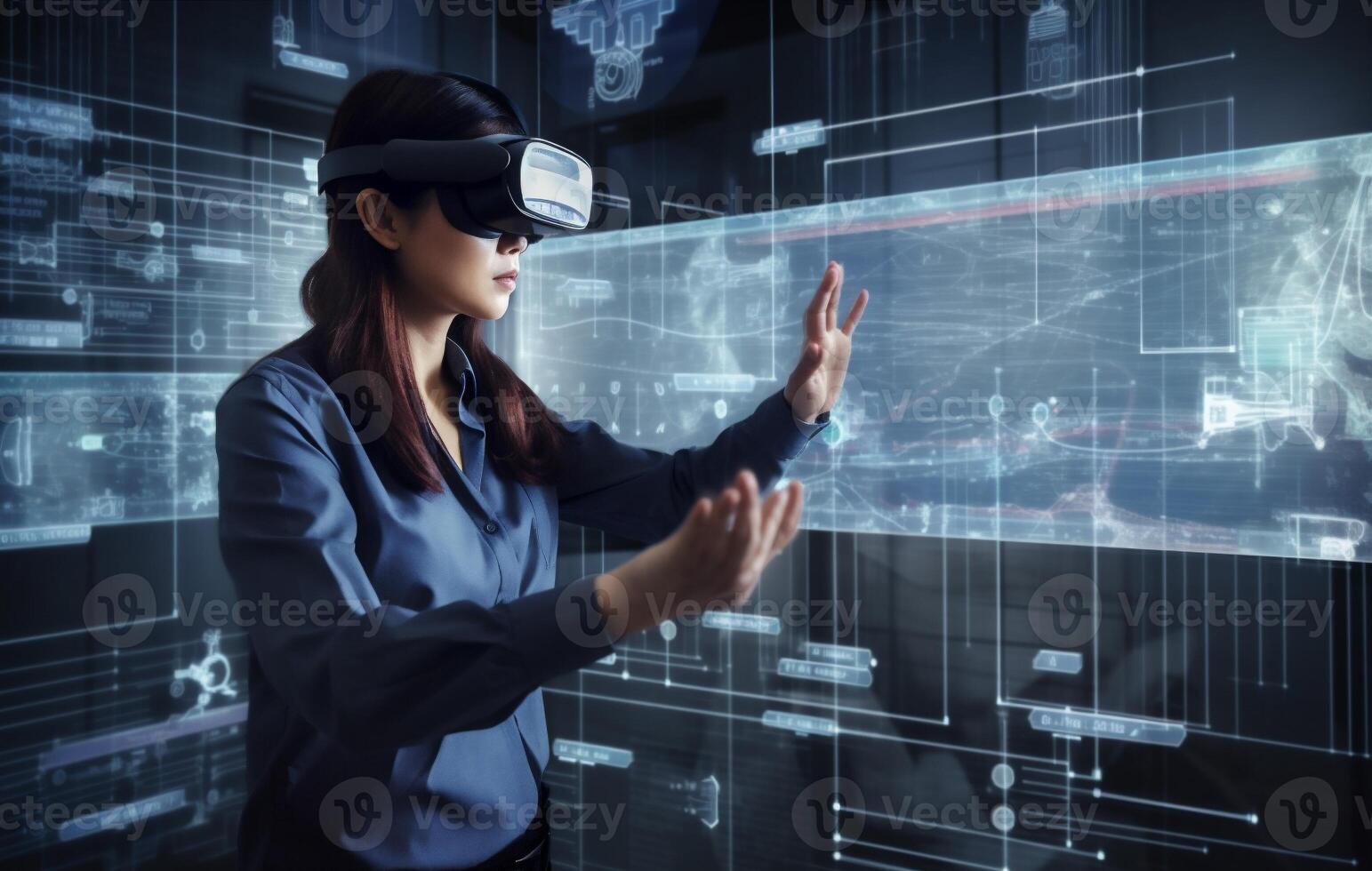 woman business digital website virtual 3d graphic glasses technology innovation futuristic. . photo