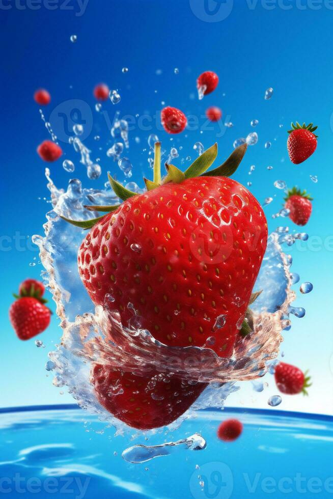 freshness strawberry background splash food blue healthy fruit water red fresh. Generative AI. photo