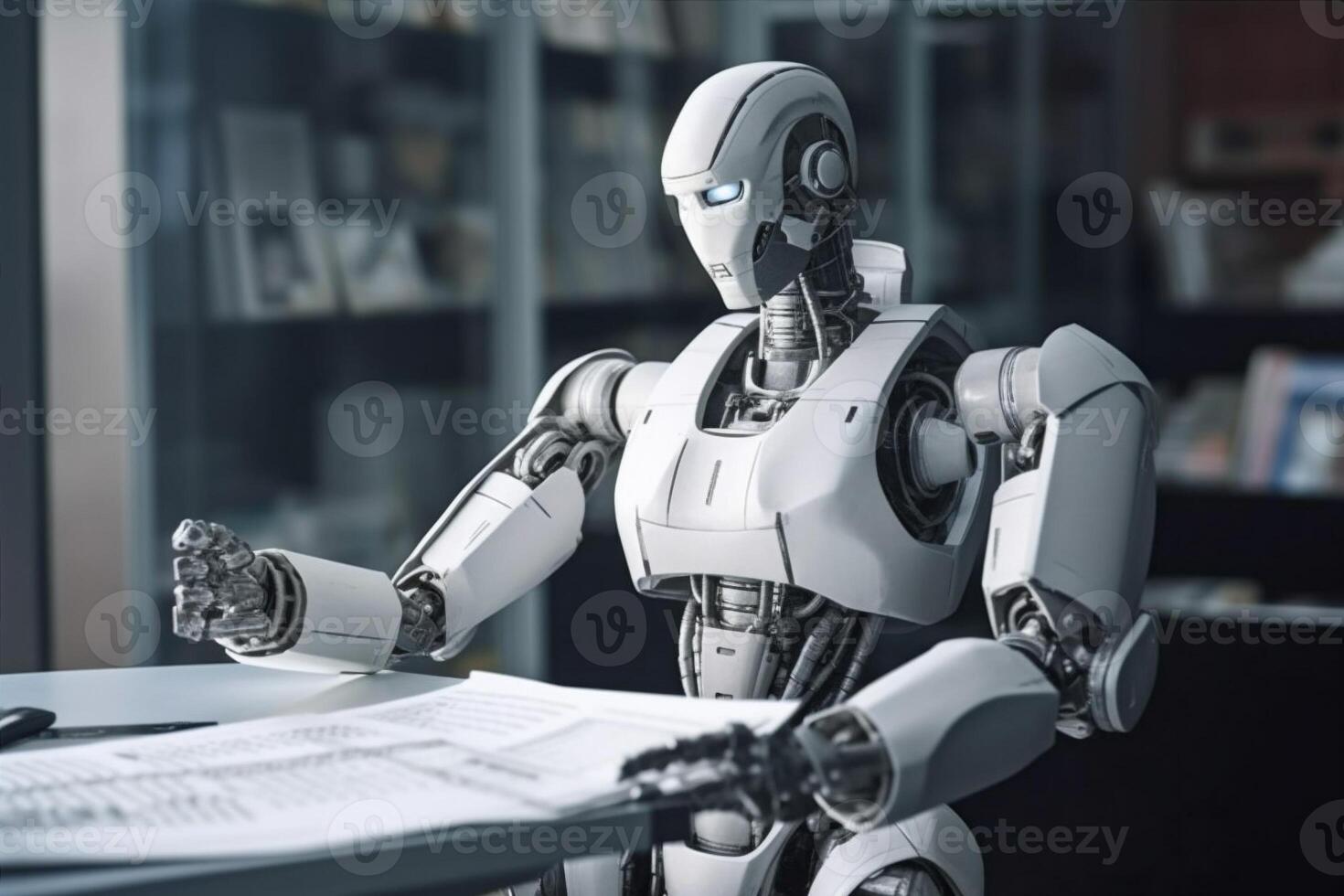 artificial ai digital technology office paper laptop hand robot document. . photo