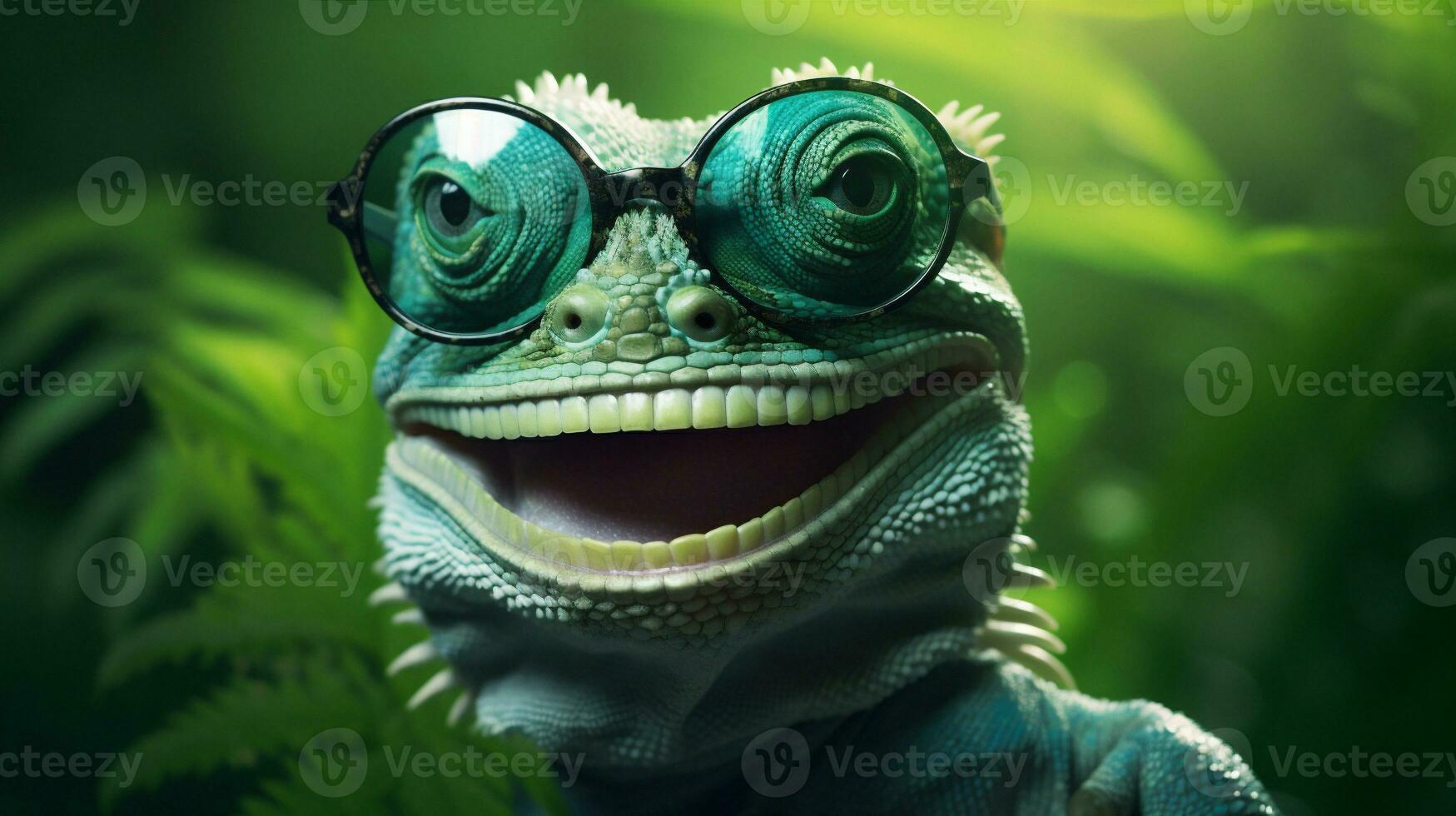 green lizard wildlife portrait iguana animal scale close-up glasses reptile. Generative AI. photo