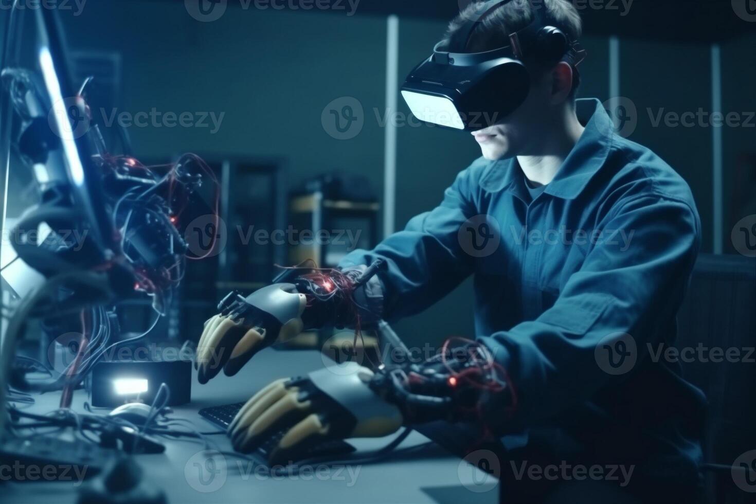 innovation man future computer engineer robot 3d three-dimensional virtual robotic technology glasses. . photo