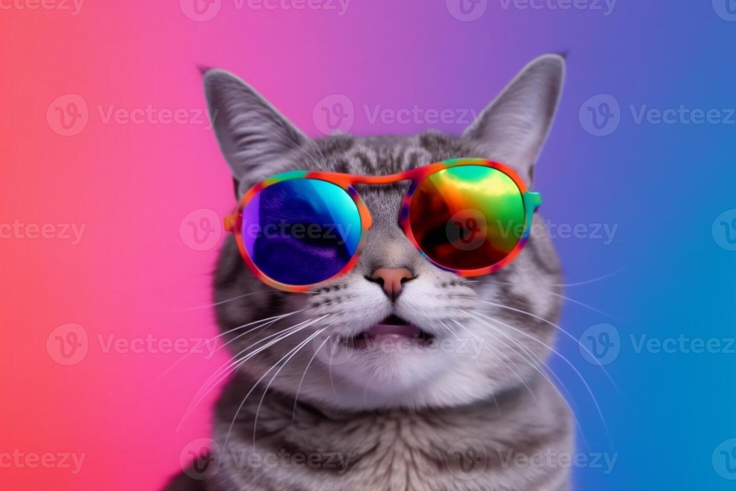 animal cat funny pet neon sunglasses fashion portrait cute colourful. Generative AI. photo