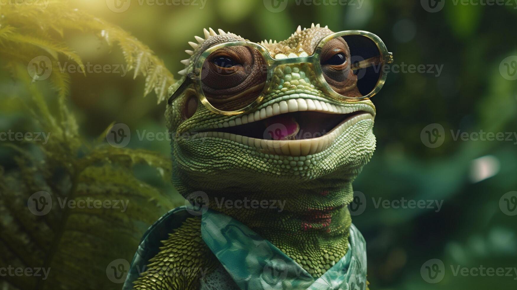 wildlife glasses close-up animal reptile scale lizard green portrait iguana. . photo