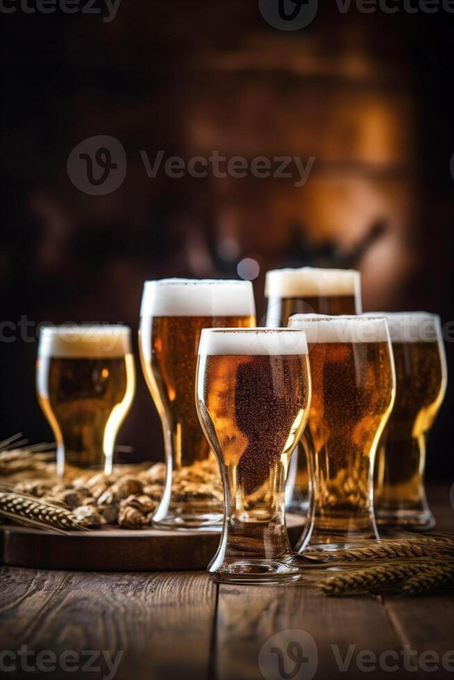 beverage gold lager alcohol beer pint drink glass pub foam. Generative AI. photo