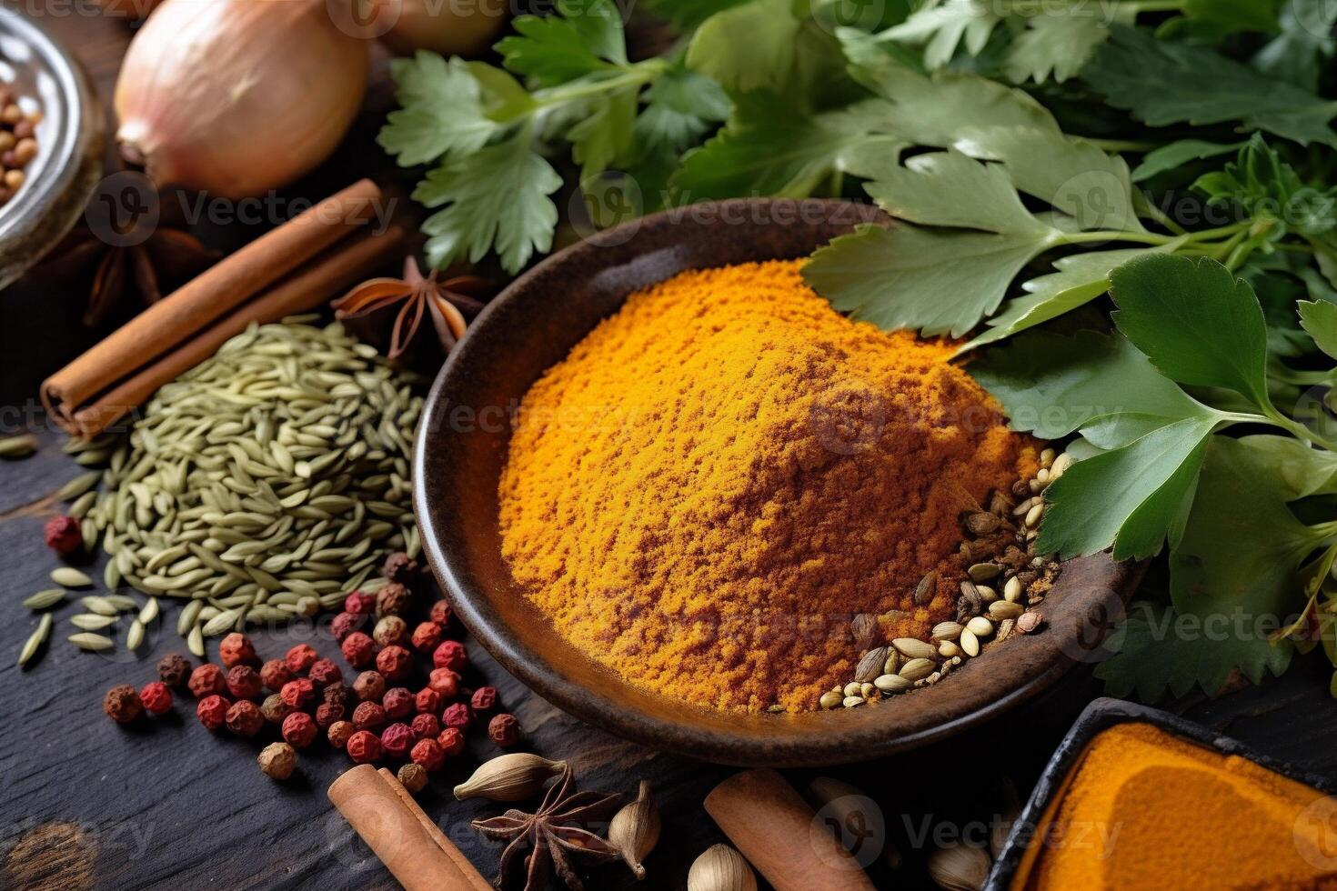dry powder seasoning food herb spice background indian space ingredient copy cooking. . photo
